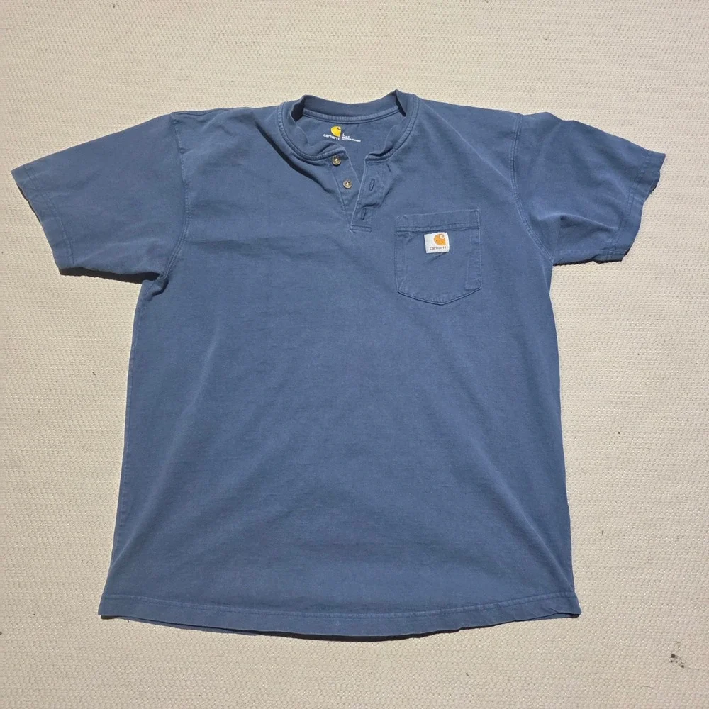 Carhartt Men's Short Sleeve Henley T-Shirt Pocket Tee Work Casual Blue
